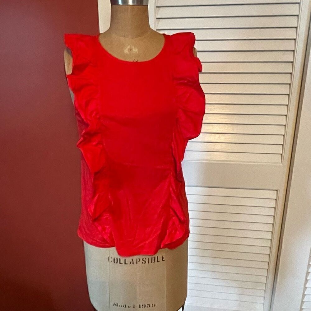 J CREW | bright red orange vertical ruffle sleeveless blouse S